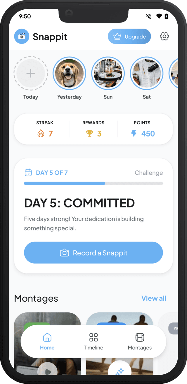 Snappit app showing your daily video timeline