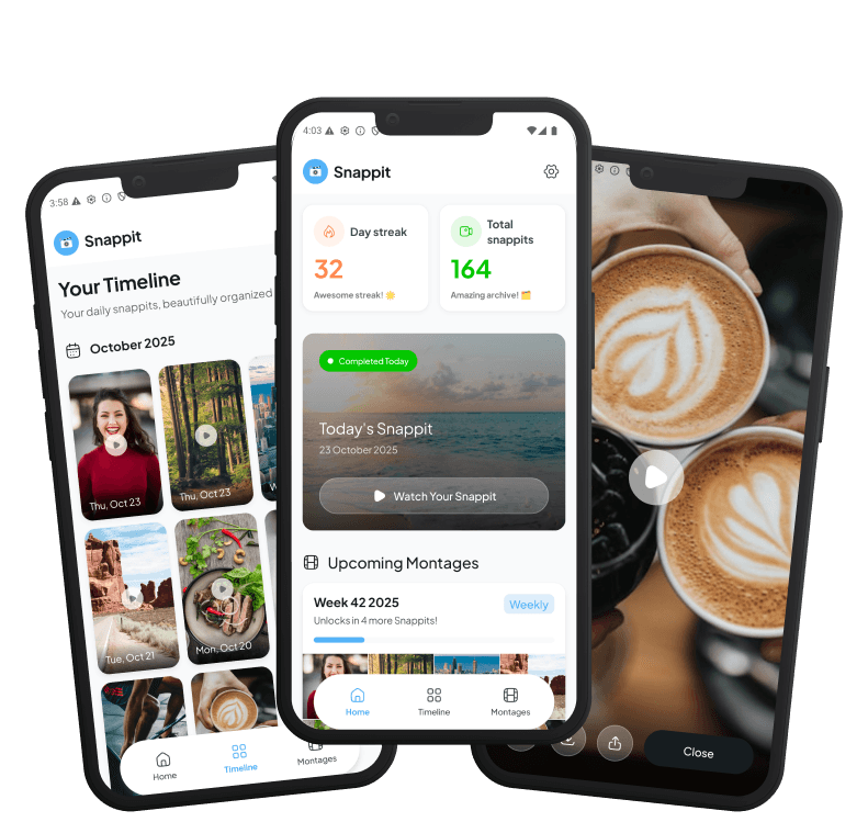 Snappit app screenshots showing timeline, daily snippits, and montages